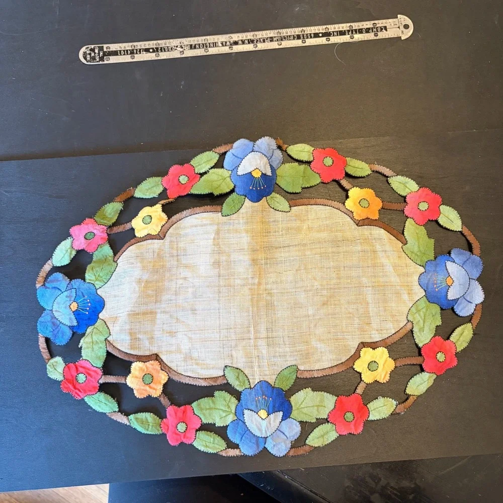 Vintage Hand Stitched Floral Applique Linen Oval Doily Colorful Pansy 17x11